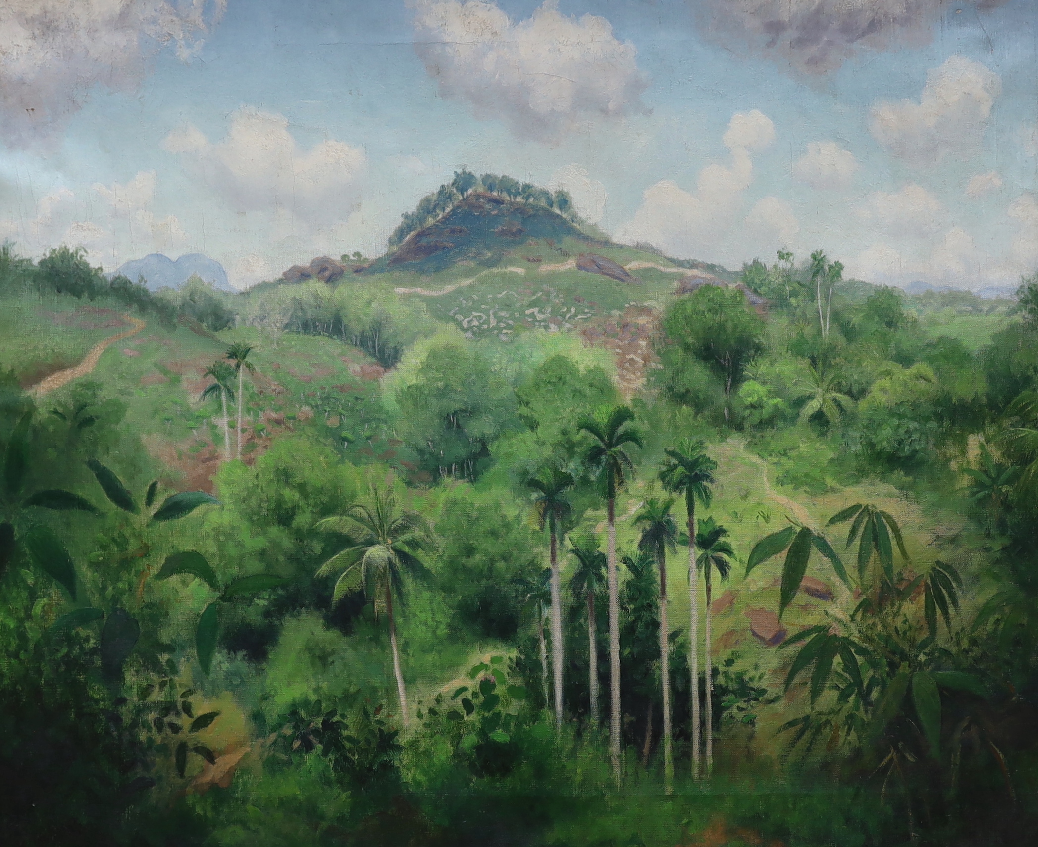 Brooke Haylar (contemporary), two oils on canvas, Mountainous jungle landscapes, one signed, largest 64 x 56cm